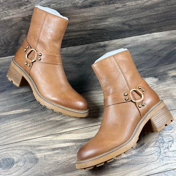 Steve Madden Cordelia 9M Cognac Leather Block Heel Harness Biker Ankle Boot - Picture 2 of 12